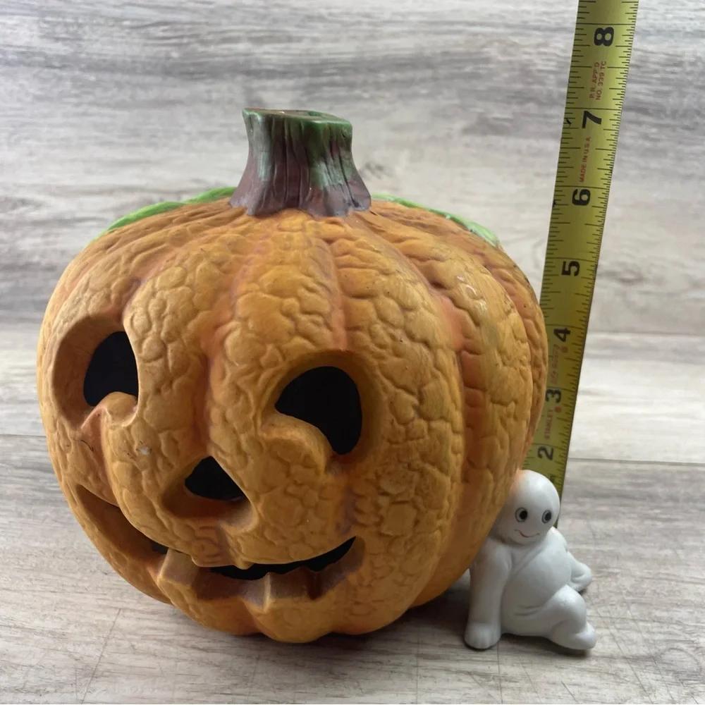 Vintage Ceramic Pumpkin Jack O Lantern With Ghost 7” Halloween Decor